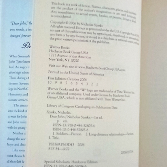 FIRST Edition Nicholas Sparks Dear John. Fair Condition as Dust Jacket has tear. - Picture 5 of 5